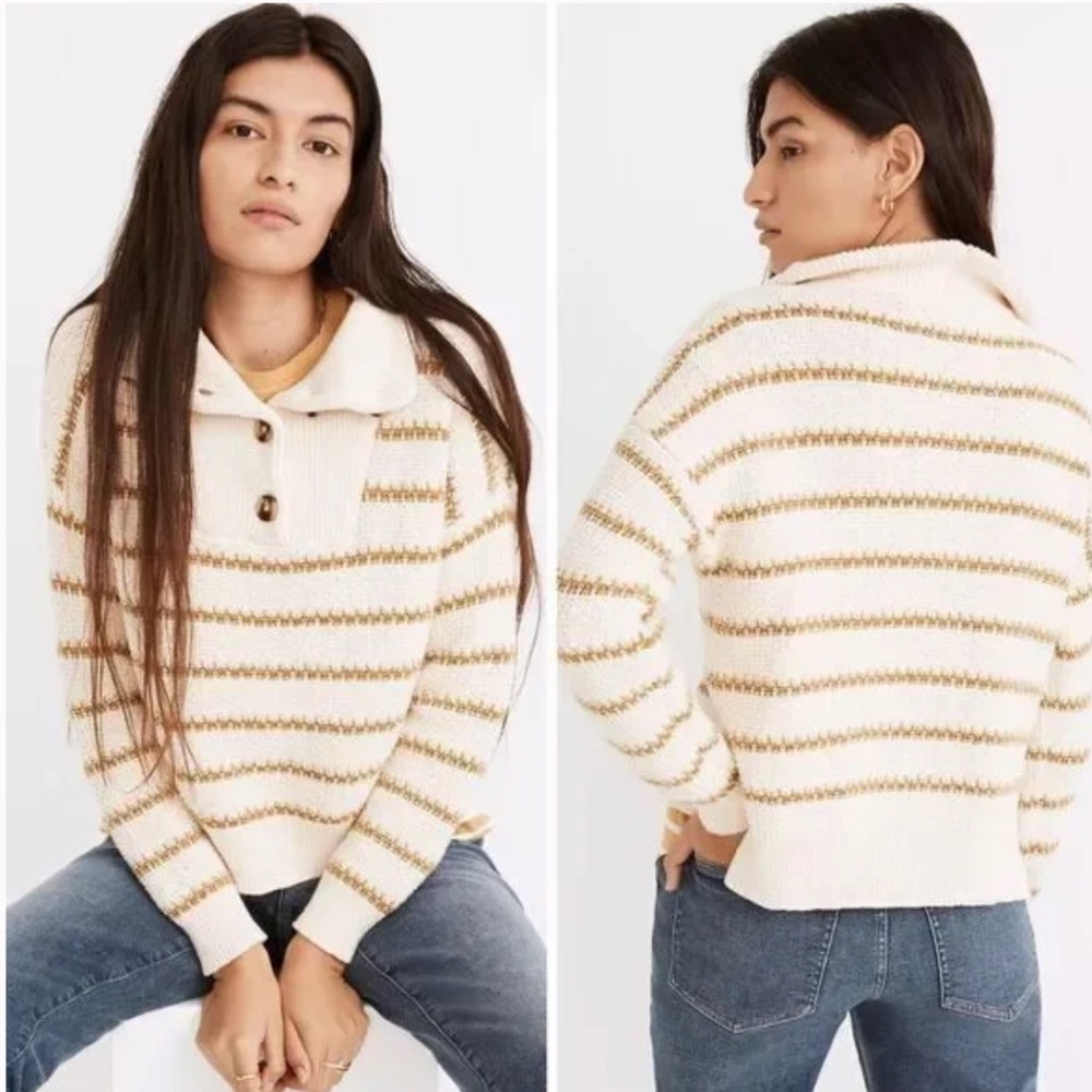 Madewell Canby Button Mockneck‎ Sweater in Stripe Size XXS